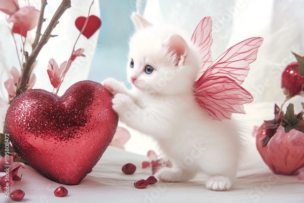 Fototapeta A tiny white kitten with delicate fairy wings curiously inspects a red glittery heart in an elegant scene, its playful spirit adding magic to the beautiful surroundings.