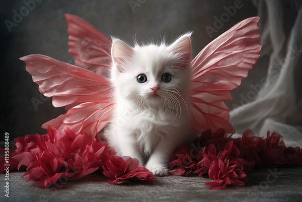 Fototapeta The whimsical white kitten with fairy wings creates a dreamlike atmosphere in a stylish, understated setting, its beauty and grace adding a magical touch to the space.