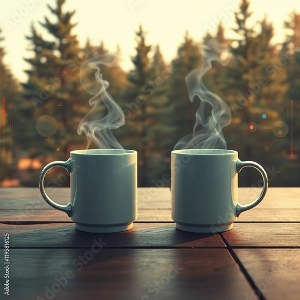 Fototapeta Two steaming coffee mugs clinking on a wooden table, pine trees in the background. 