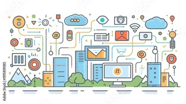 Fototapeta Smart city digital network, technology landscape, interconnected devices, data flow, urban background, website banner