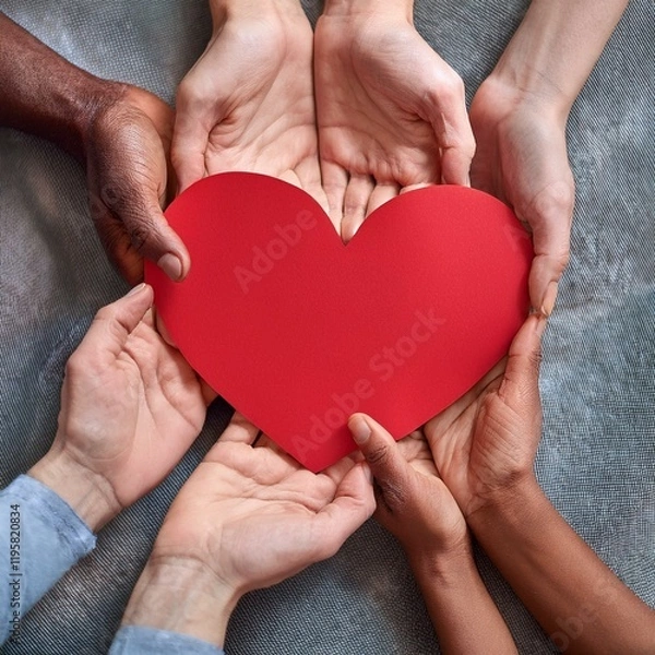 Fototapeta Vue de dessus de personnes multiethniques tenant des mains en forme de cœur en papier rouge. Groupe de personnes debout en cercle, promouvant l'unité, l'amour et le soutien à la Journée mondiale du do
