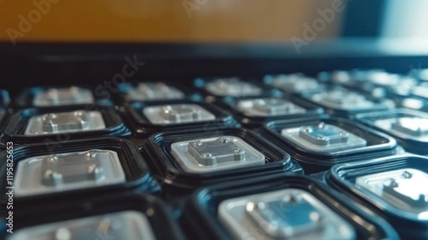 Fototapeta Neatly arranged battery parts are shown in trays, illuminated by soft natural light