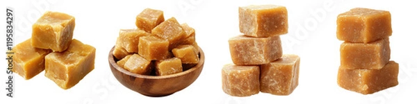Fototapeta Jaggery – A sweetener made from sugarcane juice, commonly consumed during Lohri as a treat. Isolated on Clear White Background Highly Detailed