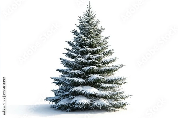 Fototapeta Snow covered Christmas tree isolated on white background.