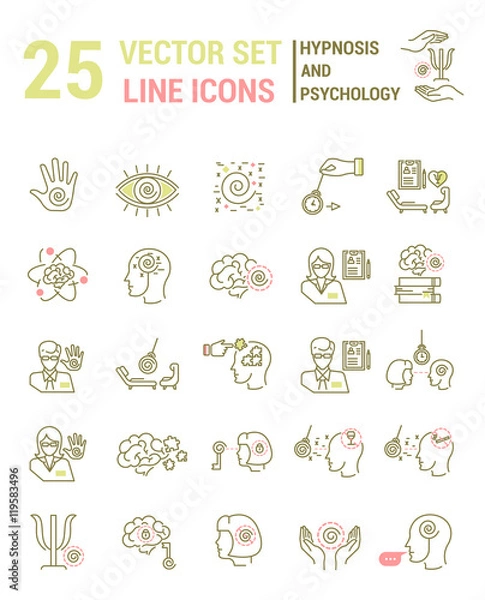 Fototapeta Set vector line icons in flat design with hypnosis and psychology elements for mobile concepts and web apps. Collection modern infographic logo and pictogram.