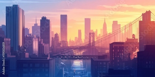 Fototapeta A vibrant sunset casts warm colors over a bustling urban landscape, highlighting a famous bridge connecting towering skyscrapers against a glorious sky