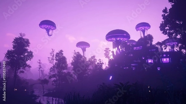 Obraz Alien Cityscape Illuminated By Glowing Mushroom Structures