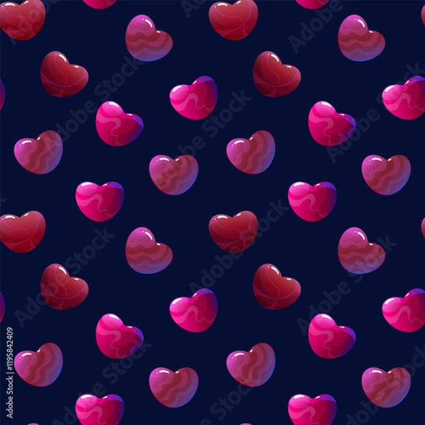 Fototapeta Seamless pattern with beautiful glossy hearts on a dark background. Abstract love background for Valentine s Day. Perfect for card design, festive printing, web decor, and themed projects related to