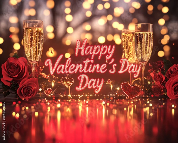 Obraz Romantic Valentine's Day celebration with champagne and roses.