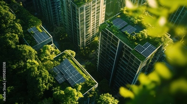 Fototapeta Green Buildings With Solar Panels And Lush Rooftop Gardens