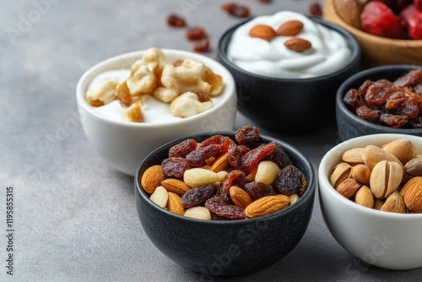 Fototapeta Colorful bowls filled with various nuts, dried fruits, and creamy yogurt sit on a textured gray surface. This collection offers a healthy and appealing snack option