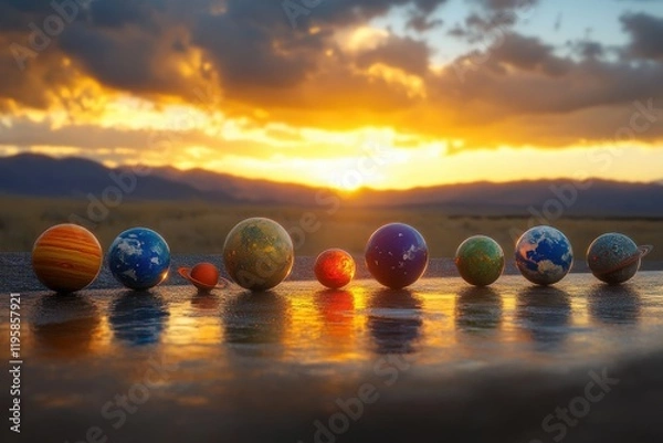 Fototapeta Lineup of Planet Parade at Sunset in a Dramatic Open Landscape, Showcasing Vibrant Astronomy Art and Solar System Concepts, Ideal for Science Education, Art, and Creative Visual Projects