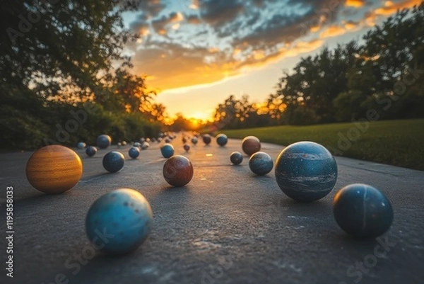 Fototapeta Dynamic Planet Parade Scattered Along a Scenic Pathway at Sunset, Combining Elements of Nature, Astronomy Art, and Surreal Concepts for Creative Science and Art Projects