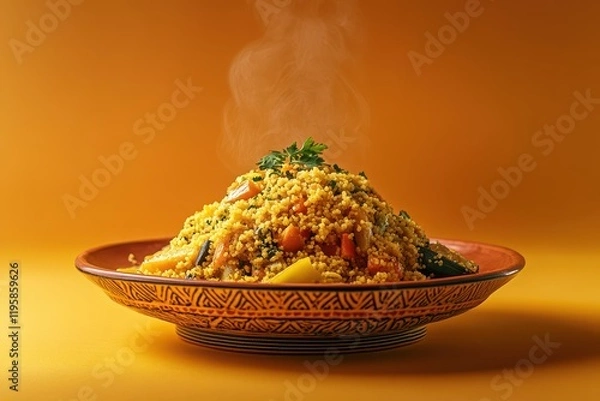 Obraz Colorful couscous dish showcasing vibrant vegetables against a warm backdrop of orange hues