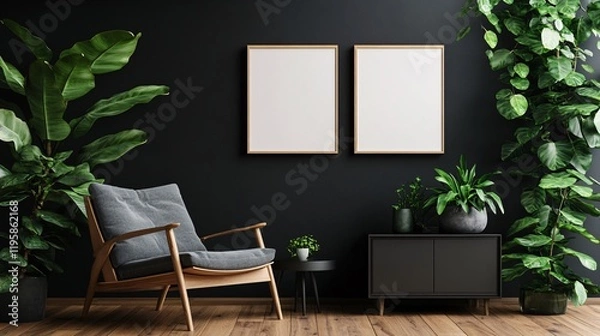 Fototapeta Cozy living space with indoor plants and empty frames on the wall