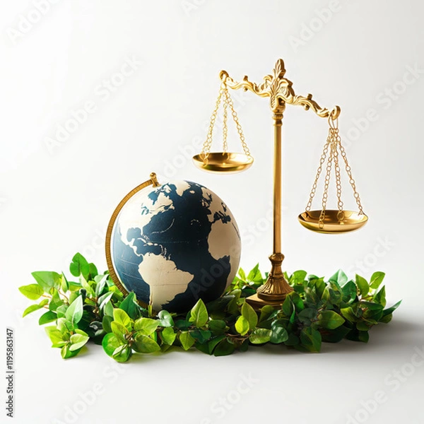 Fototapeta Golden scales of justice with a globe and green leaves, symbolizing environmental, social, and governance (ESG) principles and global sustainability.