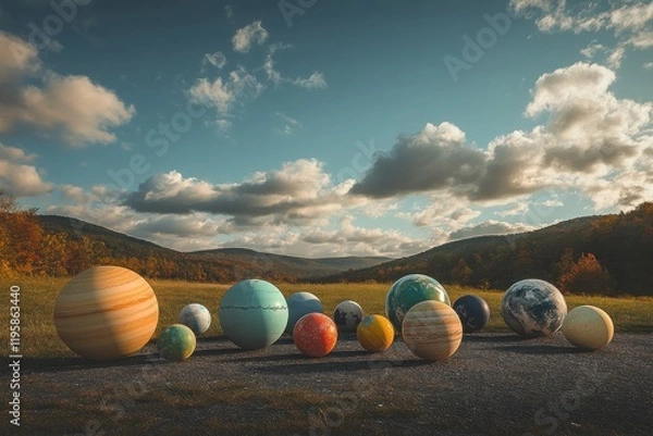 Fototapeta Planet Parade in a Scenic Meadow Landscape with Rolling Hills and Autumn Foliage, Combining Nature and Astronomy Art, Perfect for Creative Projects, Science Education, and Inspiring Visual Concepts