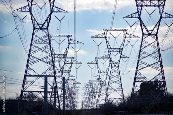 Fototapeta Electric Grid Large Electrical Towers, Transformers and Power Lines Running off into the Distance
