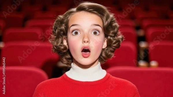 Fototapeta A woman in retro style with wide eyes and an open mouth, sitting in a theater with red seats, expressing great enthusiasm and surprise.