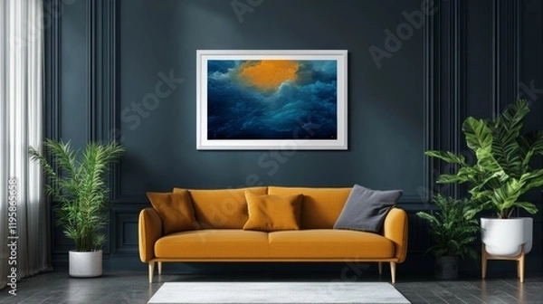 Fototapeta 3D illustration of Frame mockup, ISO A paper size. Living room wall poster mockup. Interior mockup with house background. Modern interior design. 3D rendering
