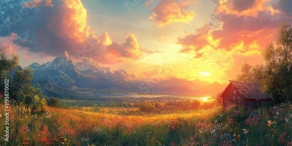 Fototapeta A breathtaking serene landscape showcasing a vast field of vibrant wildflowers against a backdrop of majestic mountains and a captivating sunset sky