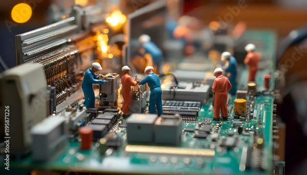 Fototapeta Image showcasing an electronics assembly line with workers carefully soldering and testing various circuit board components.