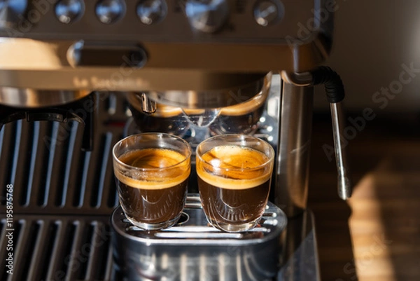 Fototapeta Two glasses of freshly brewed espresso coffee with crema made by an espresso machine