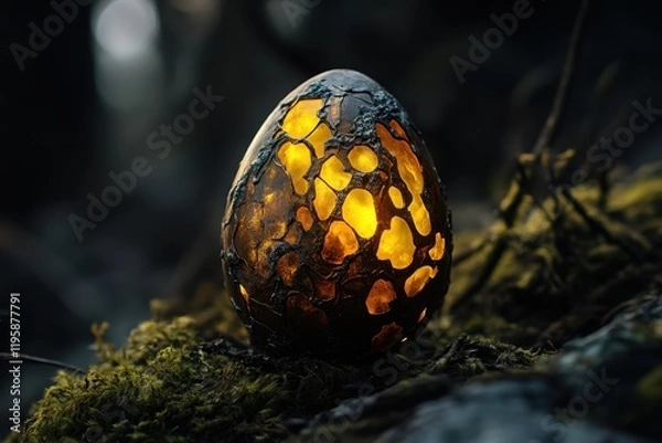 Fototapeta Unique glowing egg rests on mossy ground in a mystical forest setting at twilight
