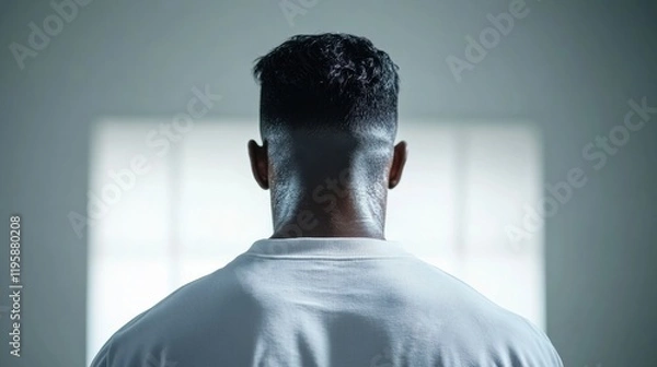 Fototapeta A young man with a clean haircut stands facing a bright window, casting an introspective mood. The room is dimly lit, emphasizing his silhouette.