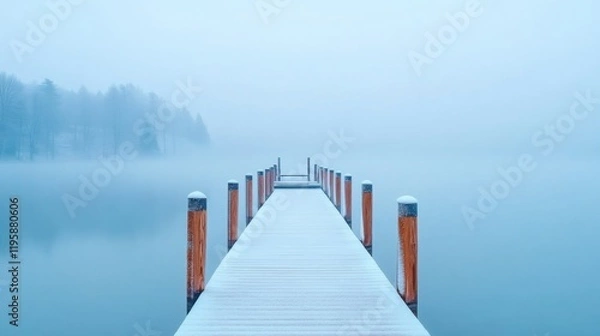 Fototapeta A minimalistic image showcasing a straight, flat dock extending into a foggy lake, surrounded by serene, misty blue tones.