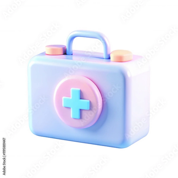 Fototapeta A vibrant 3D render of a medical kit featuring soft pastel colors. The kit is adorned with a prominent medical cross symbol, highlighting its purpose.