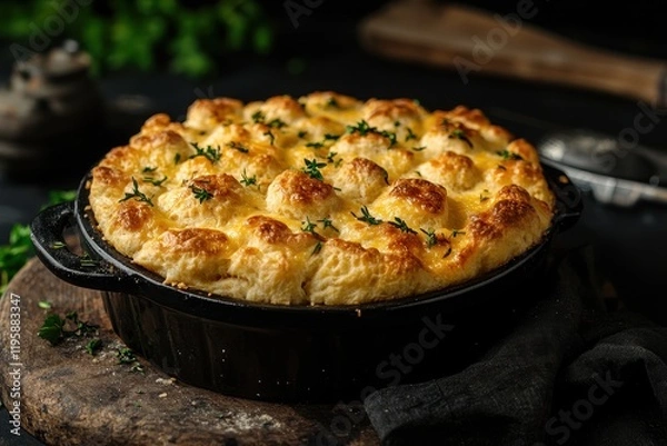 Obraz Comfort food delight: savory pie with golden crust and herbs on a rustic kitchen table