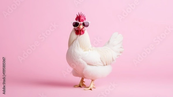 Obraz A stylish hen wearing sunglasses poses against a pastel pink background, giving a playful and modern vibe.