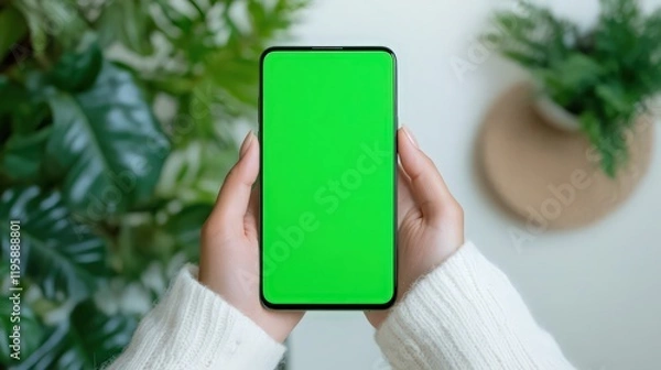 Fototapeta A person holding a green phone with a green screen