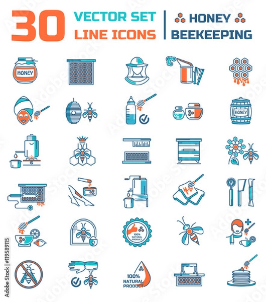 Fototapeta Vector set of icons on a theme of honey and beekeeping