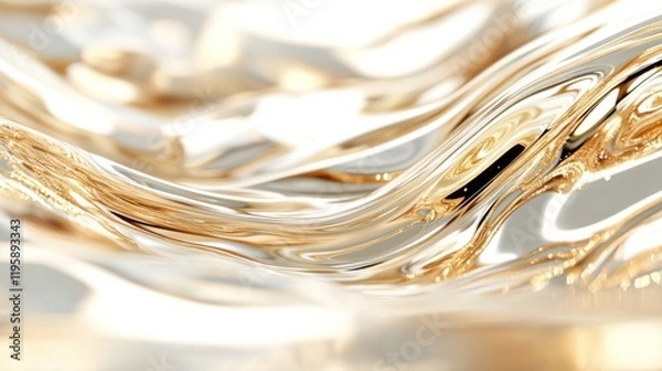 Fototapeta An abstract image featuring flowing, glistening golden and white fluid forms that create a mesmerizing, elegant pattern with a smooth, luxurious appearance.