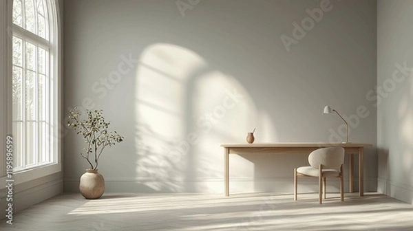Fototapeta A serene Scandinavian workspace featuring a simple wooden desk and a warm chair, surrounded by soft natural light and minimalist decor. A touch of nature is added with a plant.