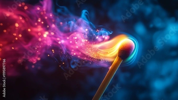 Fototapeta A macro wallpaper of a lit match with vibrant, neon colored flames. Rainbow colored sparks from a match against a black background.