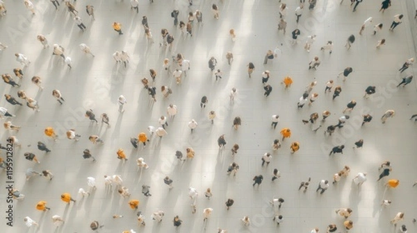 Fototapeta Aerial view of a crowd with dynamic movement, showcasing a network of people spread across a light-colored surface.
