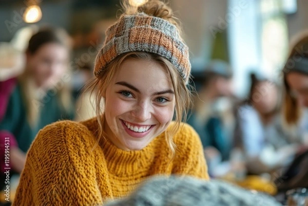 Fototapeta Bright smile radiates warmth in cozy café setting, capturing joy