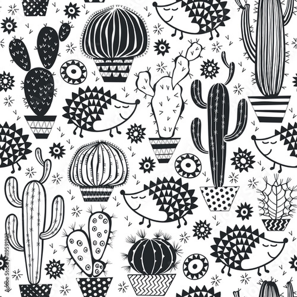 Fototapeta Hedgehogs & cactus. Seamless vector pattern. Stylish black-and-white illustration