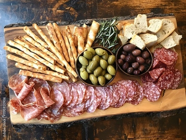 Fototapeta Gourmet charcuterie board with assorted meats, olives, and breads for a delightful gathering