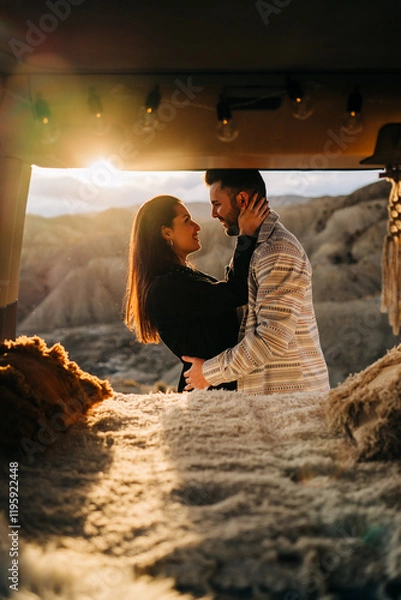 Obraz Couple embracing in camper van at sunset in desert landscape