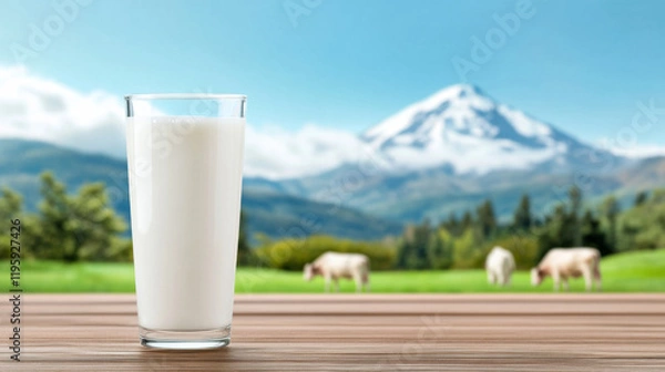 Fototapeta Fresh milk glass in front of a serene mountain landscape with grazing cows