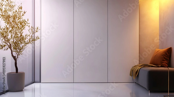 Fototapeta Modern apartment hallway with seating, plant, and large window, showcasing minimalist interior design for real estate or home decor