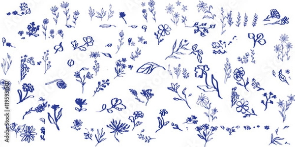 Obraz Contemporary abstract minimal tattoo flower collection. Vector illustration. Ink hand drawn wild flowers set.