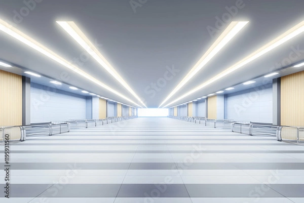 Fototapeta Modern bright airport walkway, spacious corridor leading to daylight, sleek design, ideal for travel and transportation advertising