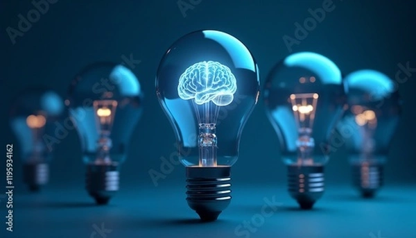 Obraz A symbolic representation of great ideas and creativity, featuring a glowing brain inside a lightbulb placed against a dark background.

