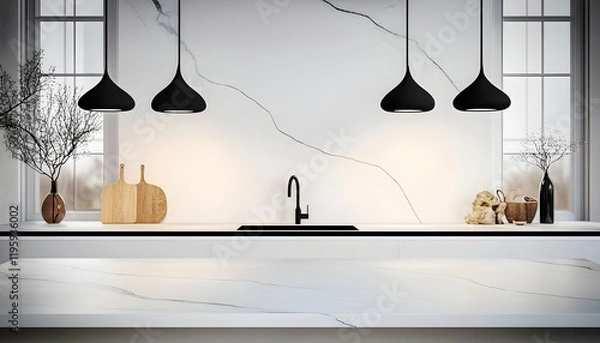 Fototapeta Modern kitchen design with marble countertop, pendant lights, and window view.  Perfect for interior design websites and magazines