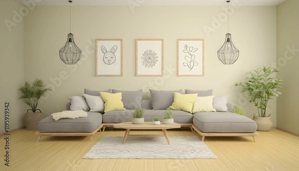 Fototapeta Modern living room interior design with grey sectional sofa, light wood coffee table, and pale green walls. Plants and artwork add to the calm atmosphere; ideal for home decor websites